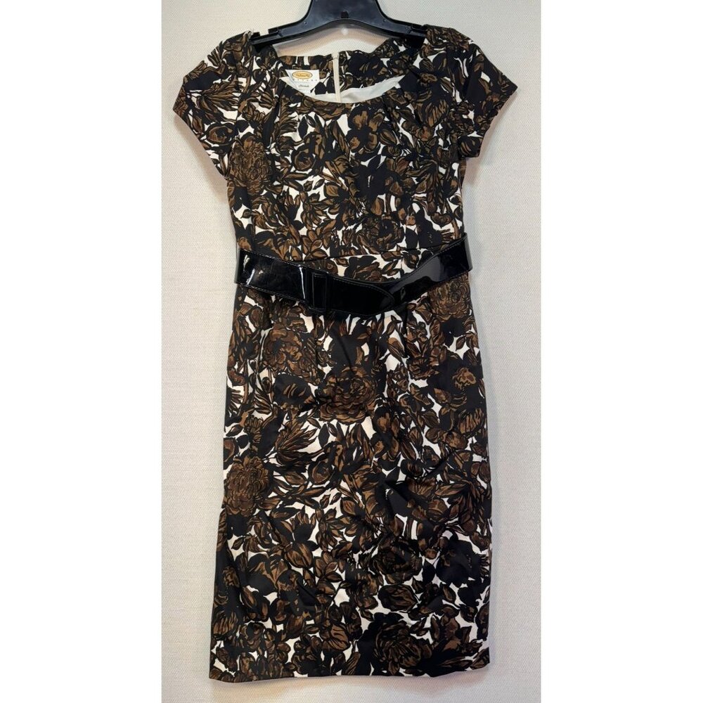 Talbots Petites Stretch Floral Print Dress Size 2 Black & Brown Belted